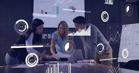 Poster - Analyzing financial data animation over business professionals working in office
