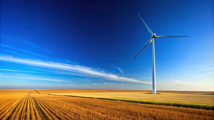 Wind power turbine standing in a vast open landscape under a clear blue sky, wind power