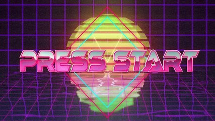 Wall Mural - Press Start text animation over retro neon grid and sunset background