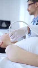 Wall Mural - Doctor man wearing white protective gloves is using ultrasound machine to examine neck of female patient in hospital. Medicine, thyroid gland health