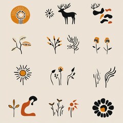 Sticker - A collection of stylized nature-inspired illustrations featuring plants and animals.