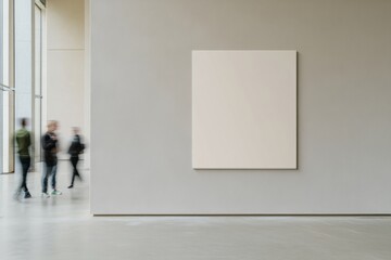 Canvas Print - Group of People in Motion Blur Passing by Blank Poster on Light Gray Indoor Wall in Serene Daylight Setting