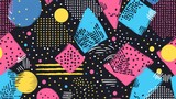 Trendy seamless retro pattern featuring geometric shapes and vibrant colors from the 1980s era