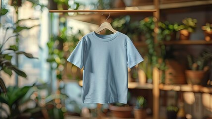 A blue shirt hanging on a clothes hanger in a room with plants. The room has a natural and calming atmosphere