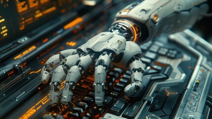 Poster - Robotic hand typing on a futuristic computer keyboard in a technological workspace