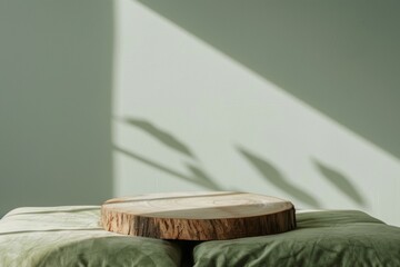 Poster - Minimalist Wooden Podium on Green Pillows in Cozy Sunlit Room with Organic Texture and Soft Shadows