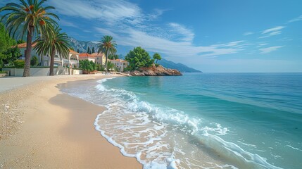 Wall Mural - Serene Tropical Paradise: Idyllic Beach with Palm Tree and Ocean View