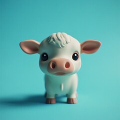 Wall Mural - A cute, stylized toy cow figure with big eyes on a vibrant blue background.