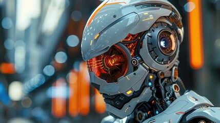 Poster - Futuristic cyborg robot stands in a modern urban environment with vibrant neon lighting