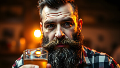 brutal caucasian hipster with moustache. Mature hipster with beard. man. male with beard. Bearded brutal man. alcoholic drink. bad habits and addiction. Little party never killed anybody, copy space