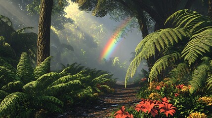 Wall Mural - Lush Tropical Rainforest with Dense Canopy and Rainbow Overhead