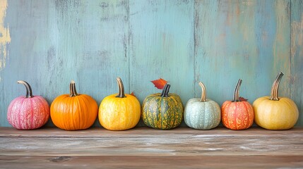 Canvas Print - A colorful display of pumpkins, pumpkins and leaves sitting in a row on wooden background. Space for text. 