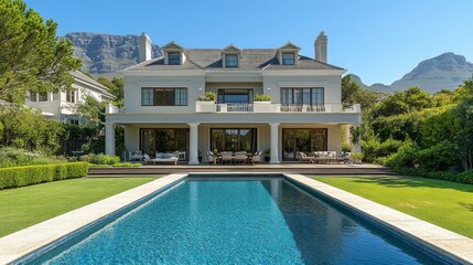 Poster - A large house with a pool and a view of mountains