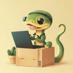 Wall Mural - A cute cartoon lizard working on a laptop while sitting in a box with a plant.