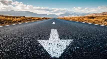 An asphalt road with an arrow painted on it symbolizes growth, development and the path to success