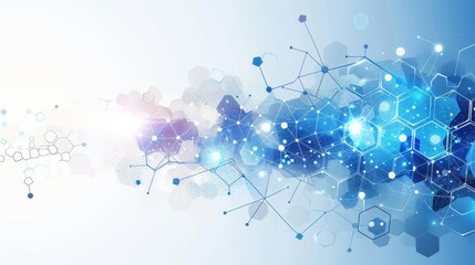 Poster - Abstract blue hexagons and dots on white for scientific presentations and designs