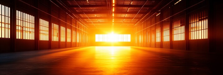 Wall Mural - A minimalist structure glows warmly in an industrial warehouse as sunlight streams through large windows, creating a dramatic and inspiring atmosphere. The image evokes feelings of hope, optimism, and