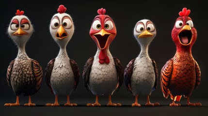 Sticker - Five animated chickens displaying various emotions and expressions.