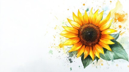 Wall Mural - vibrant sunflower with watercolor-painted foliage and flowers on a white background,