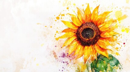 Wall Mural - vibrant sunflower with watercolor-painted foliage and flowers on a white background,