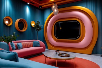 Aufkleber - 80s style TV show set with pastel colors and abstract designs, illustrated in a scene where a living room set from an 80s sitcom features pastel-colored furniture, abstract wall art, and a boxy