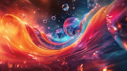 Poster - Vibrant abstract waves and bubbles in colorful light at twilight