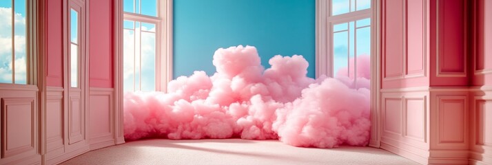 Canvas Print - A whimsical room with pink walls and a blue accent wall, filled with soft, fluffy pink clouds that seem to float through the windows. The image evokes a sense of childlike wonder, fantasy, and a surre