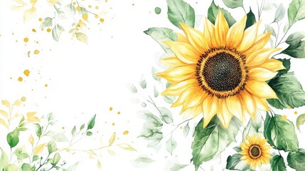 Wall Mural - vibrant sunflower with watercolor-painted foliage and flowers on a white background