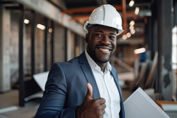 Happy engineer or architect expressing success with a thumbs-up, showcasing gratitude for building design approval in a positive setting