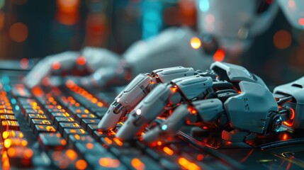 Poster - Robotic artificial intelligence hand actively typing on a computer keyboard in a modern workspace