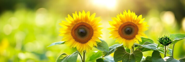 Two vibrant sunflowers in full bloom face the sun, symbolizing optimism, growth, happiness, and the beauty of nature. The soft green background adds a serene and peaceful feeling.