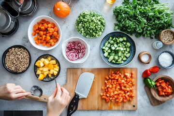 top view of a kitchen counter with various healthy ingredients being chopped, diced, and prepared, emphasizing the ease of meal prepping nutritious foods