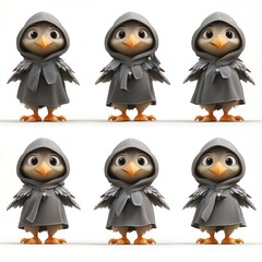 Sticker - Six stylized bird characters in gray cloaks, showcasing different expressions and poses.