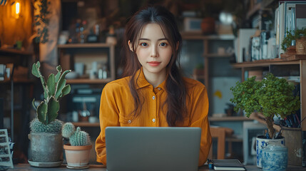 A relaxed setting with an Asian female programmer in a yellow shirt, perched on a shelf, engrossed in her laptop screen.