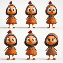 Poster - A colorful animated character resembling a bird in various poses and outfits.