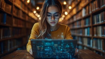 A focused Asian female programmer wearing a yellow shirt, sitting on shelves, working on her laptop with the screen on her lap.