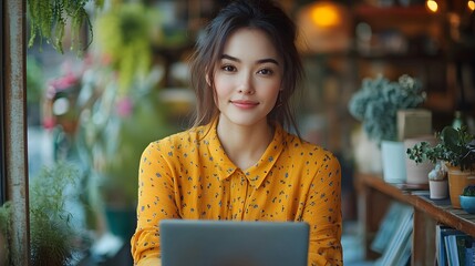 An Asian female programmer in a yellow shirt, sitting on a shelf, with her laptop screen on her leg, deeply focused on her work.