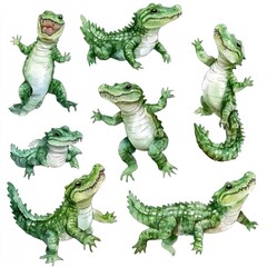 Sticker - A collection of playful cartoon crocodiles in various poses.