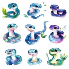 Sticker - A colorful illustration of various snakes with artistic, galaxy-themed designs.