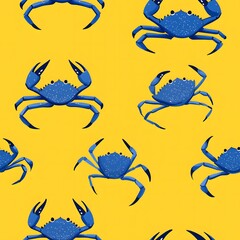 Wall Mural - pattern of blue crabs on a bright yellow background