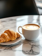 a cup of coffee with latte art and a croissant on a white plate, resting on a marble table. the scen