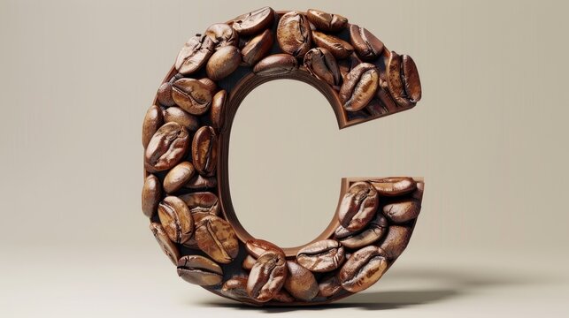 Stylized letter C made of coffee beans showcasing 3D rendering in a minimalistic setting