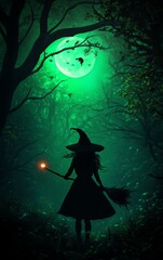 A mysterious witch silhouette against a glowing green moon in a dark, enchanted forest, evoking a magical, eerie atmosphere.