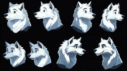 Sticker - A collection of stylized wolf head illustrations showcasing different expressions and angles.