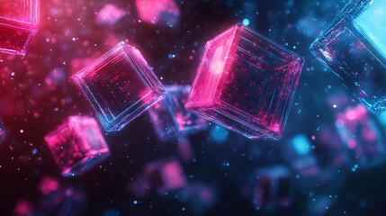Poster - Abstract glowing geometric shapes floating in dark background create mesmerizing visual effect. vibrant colors of pink and blue enhance ethereal atmosphere.