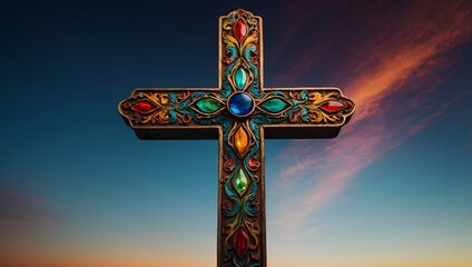 Colorful abstract cross symbolizing faith and peace.