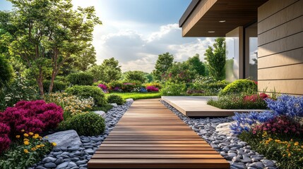 Poster - A beautiful garden with a wooden walkway leading to a house