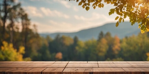 Banner with wooden table with blurry nature background.