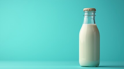 Bottle of milk with metal cap isolated on a light blue background 