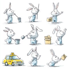 Sticker - A playful rabbit character engaging in various activities, including cleaning and delivering.